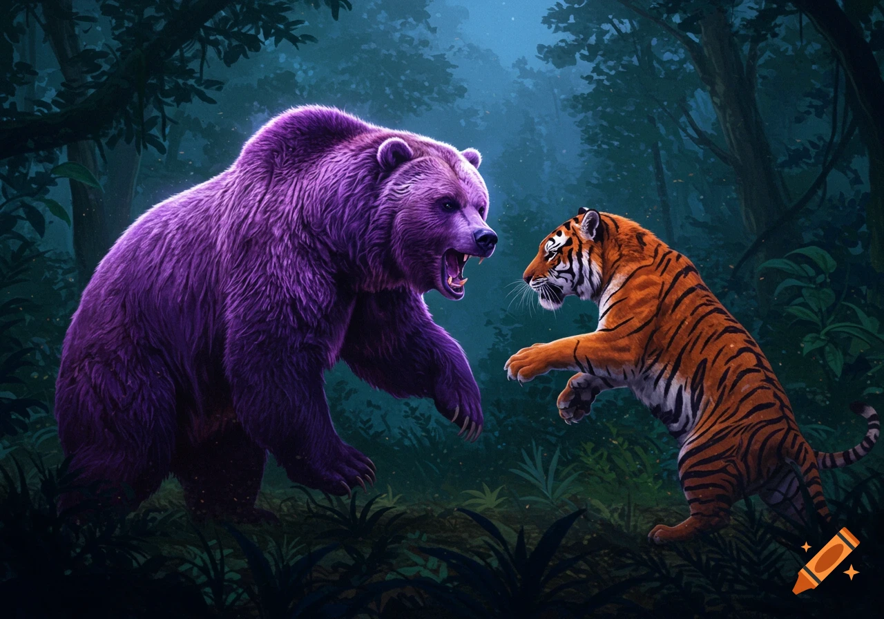A vibrant purple grizzly bear roars at an orange tiger in a dark, stylized forest.