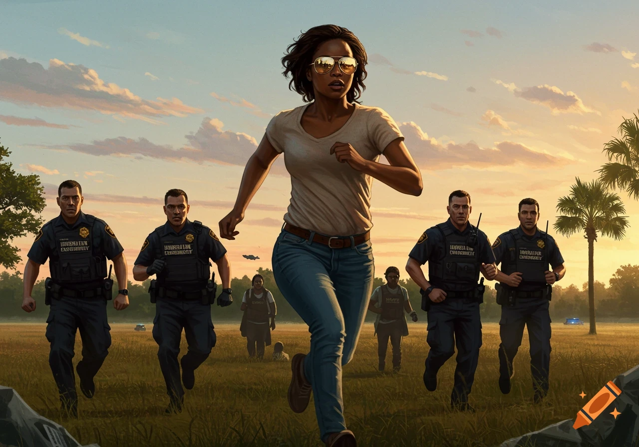 A woman in sunglasses and jeans runs through a grassy field at sunset, pursued by several uniformed agents. Photorealistic style.