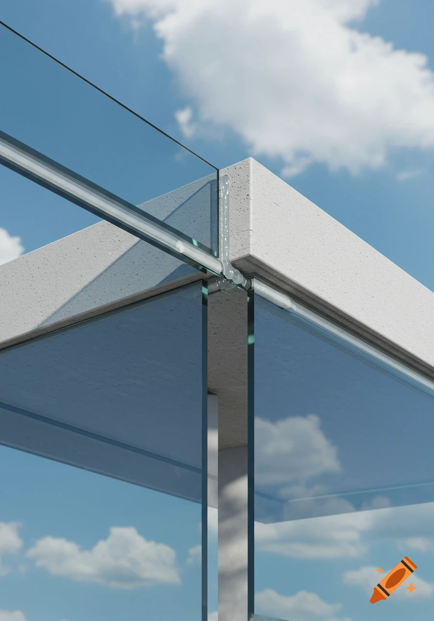 Close-up of glass panels and concrete building facade with sealant in the joints, against a blue sky with clouds.