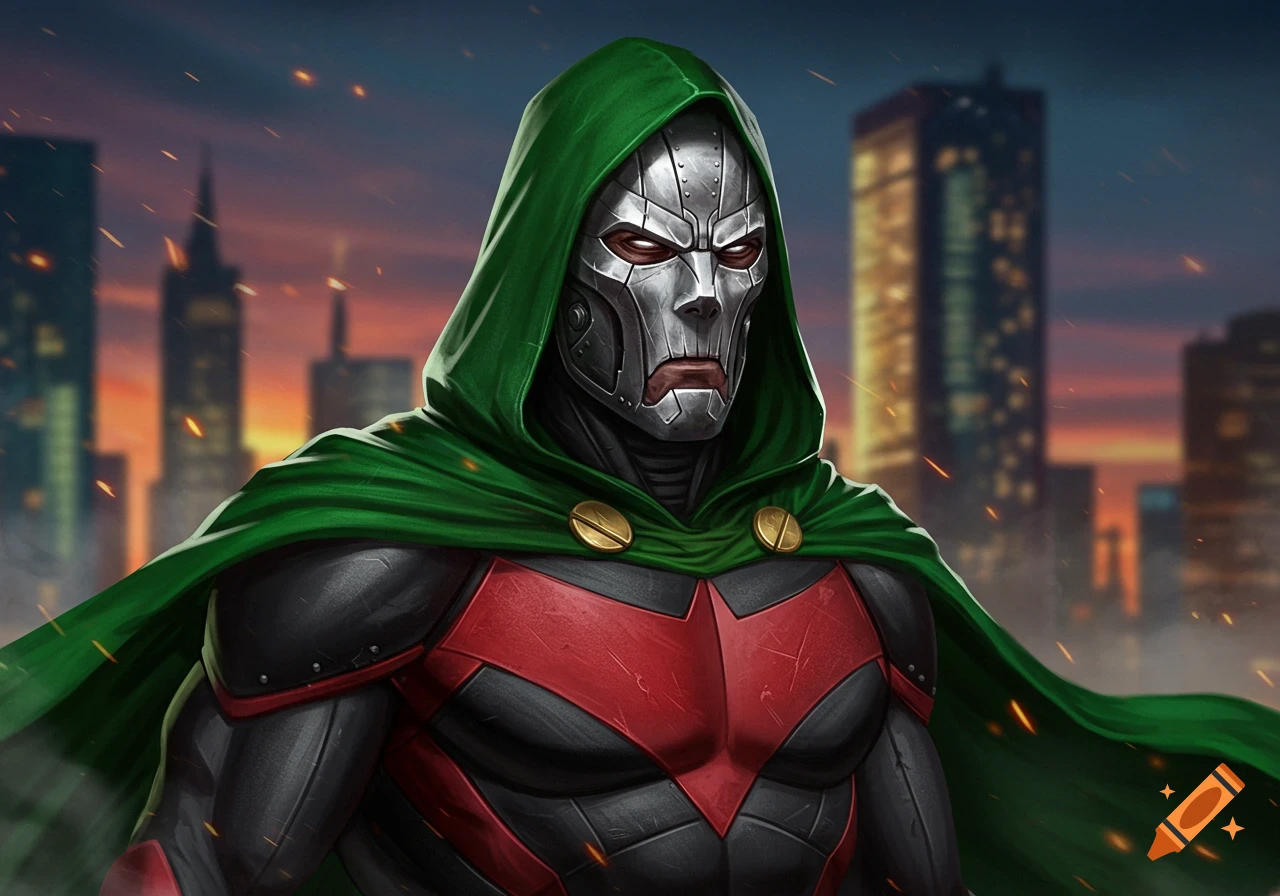 A stern-faced character in a silver mask, green hood, and black and red suit stands against a city skyline at dusk.