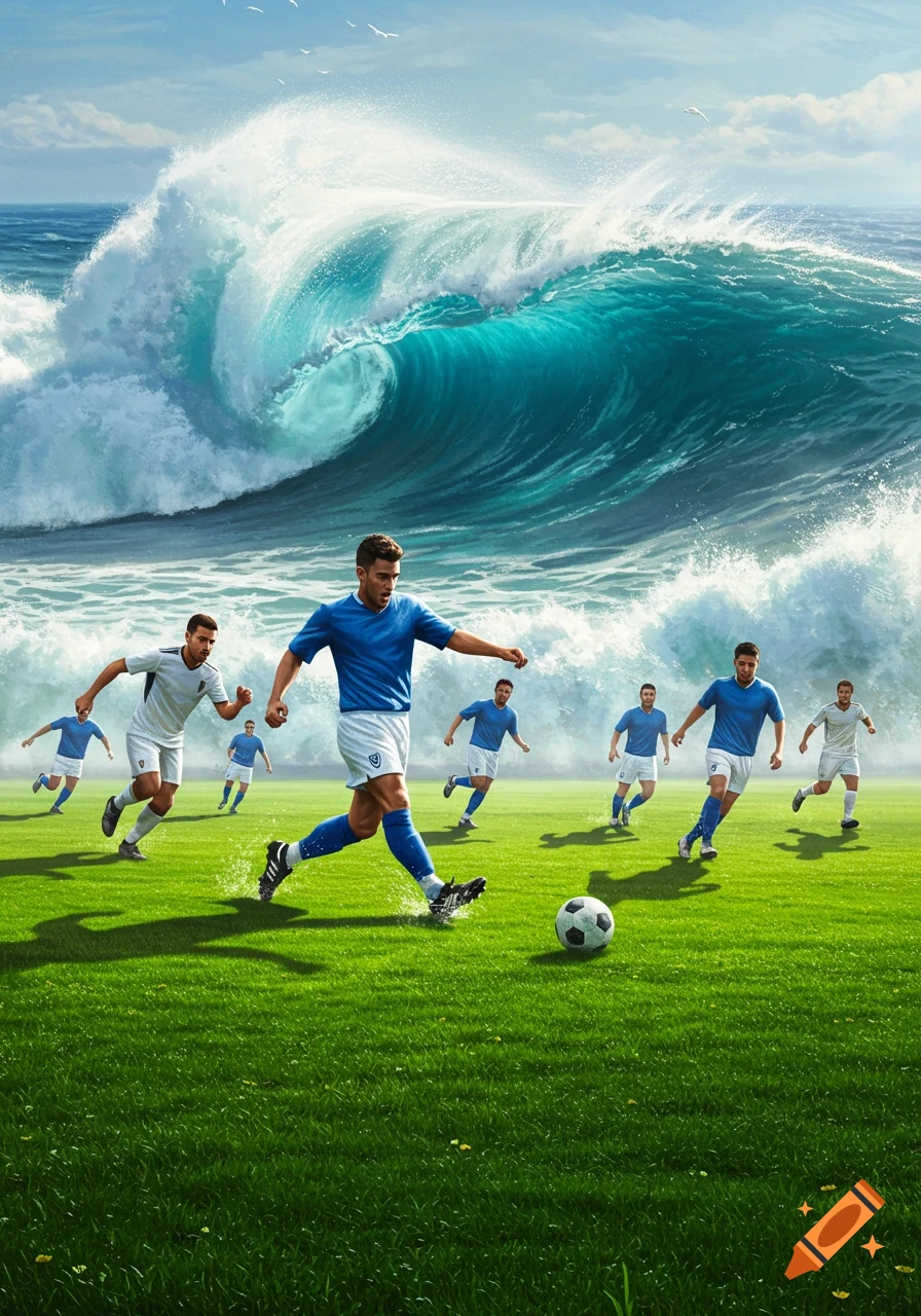 A soccer team plays on a green field as a massive turquoise ocean wave crashes behind them under a blue sky.