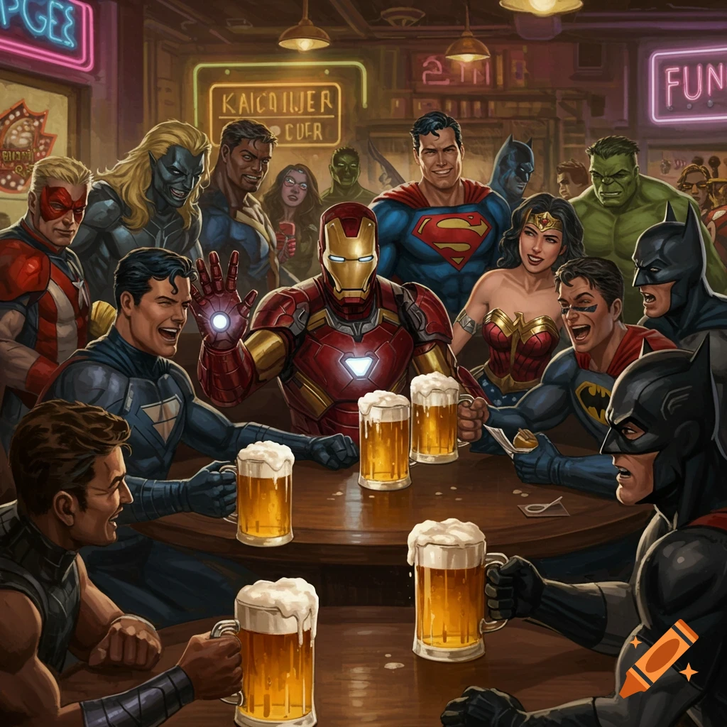Marvel and DC superheroes, including Superman, Batman, Wonder Woman, Iron Man, and Hulk, drinking beer together in a lively bar scene.