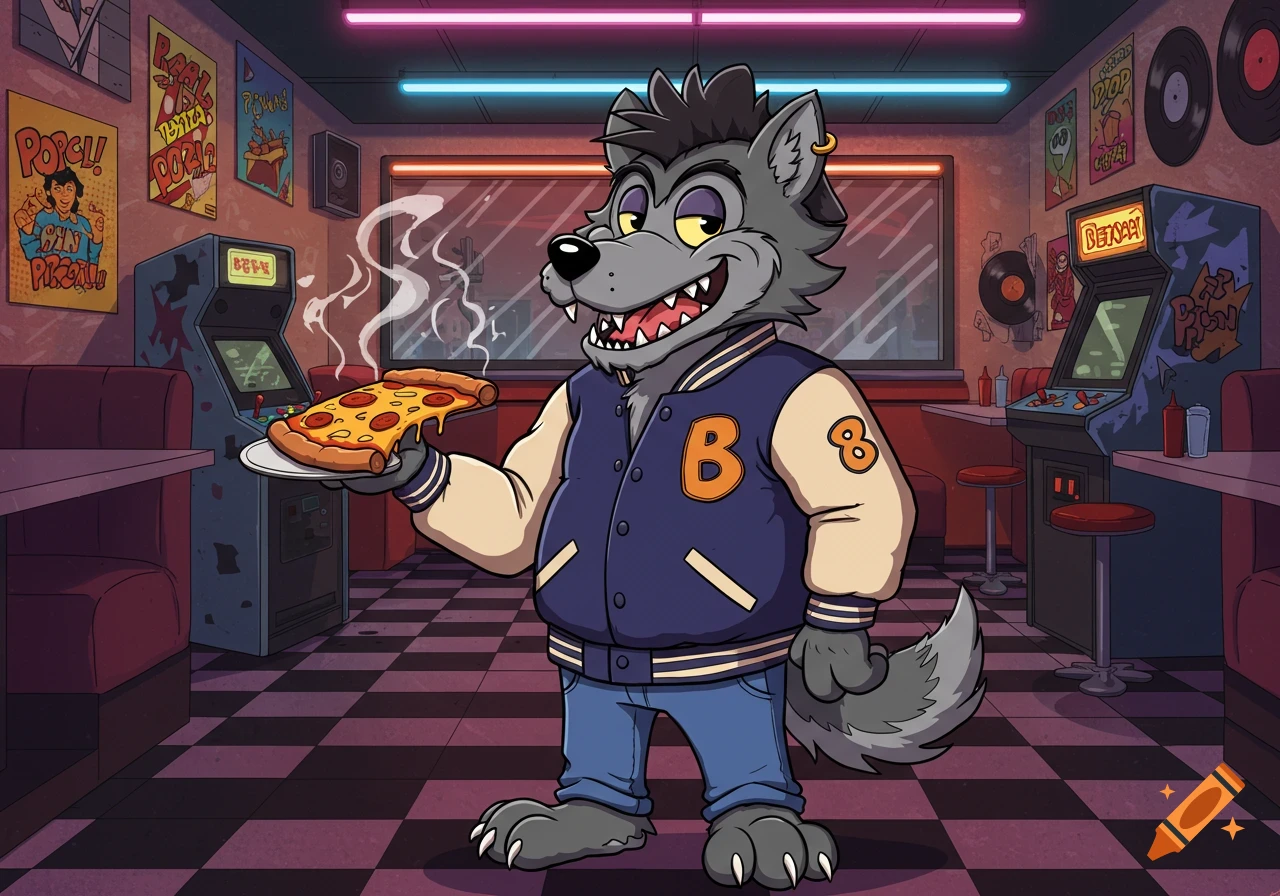 A cartoon wolf mascot in a 1980s pizzeria holding a slice of steaming pizza on a plate.