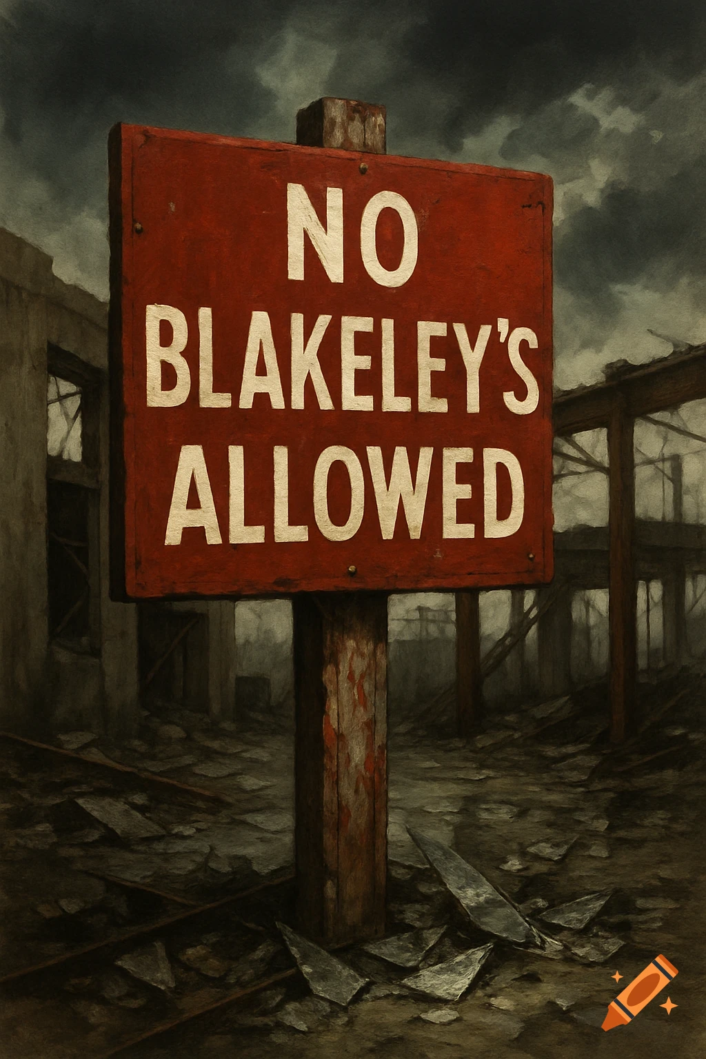 A red warning sign reading "NO BLAKELEY'S ALLOWED" stands in a desolate, ruined landscape under a stormy sky.