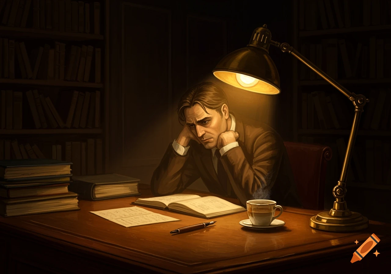 A somber man sits at a desk under a warm lamp, surrounded by books and a coffee cup.