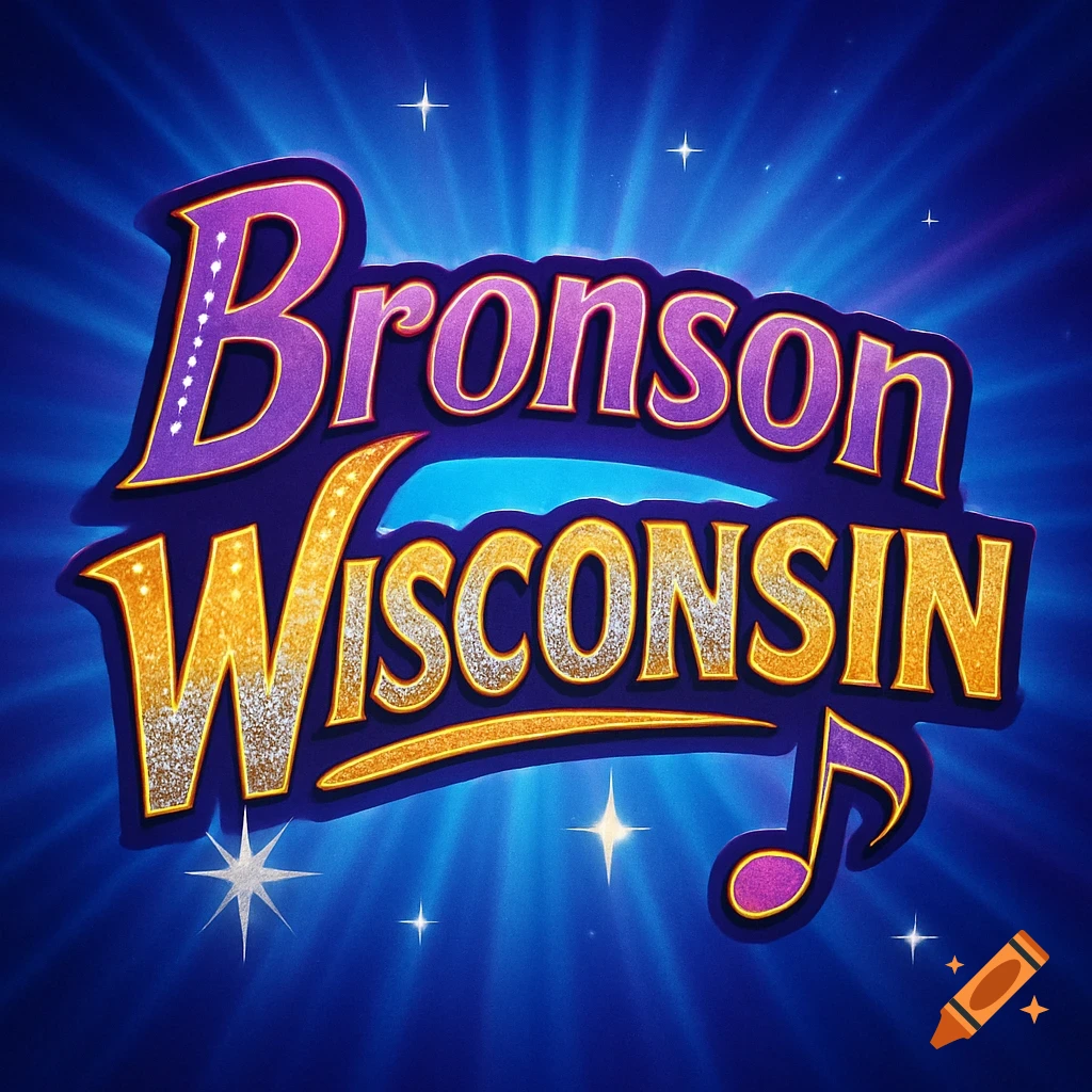 A vibrant purple and gold logo with the words Bronson Wisconsin and a musical note against a blue starry background.