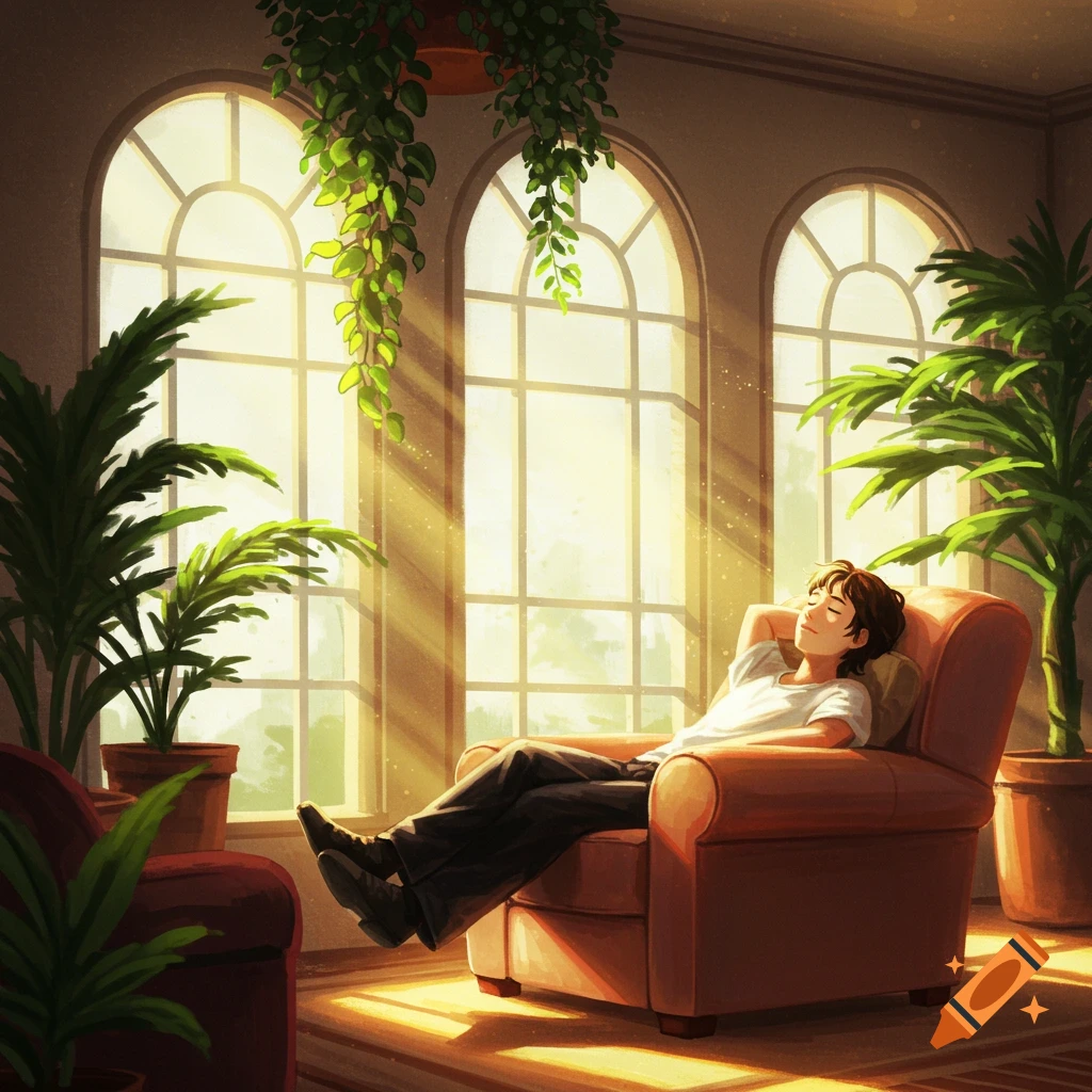 A person relaxes in a chair with eyes closed, bathed in sunlight streaming through large arched windows in a room with many plants, anime style.