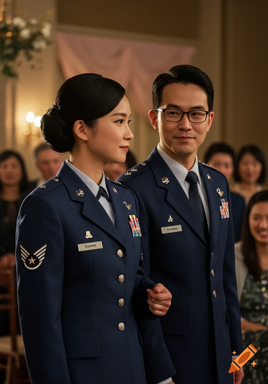 A photorealistic image of a couple in military dress uniforms at what appears to be a wedding. The woman wears a dark blue uniform with ribbons and rank insignia, her hair in a bun. The man, also in a dark blue uniform, wears glasses. They stand side-by-side in a formal setting.