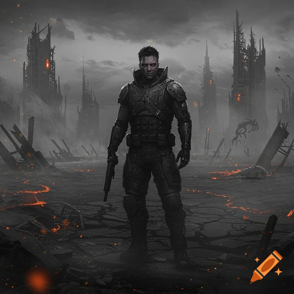 A battle-hardened man in futuristic armor stands in a desolate, post-apocalyptic wasteland with crumbling towers and glowing embers. Photorealistic.