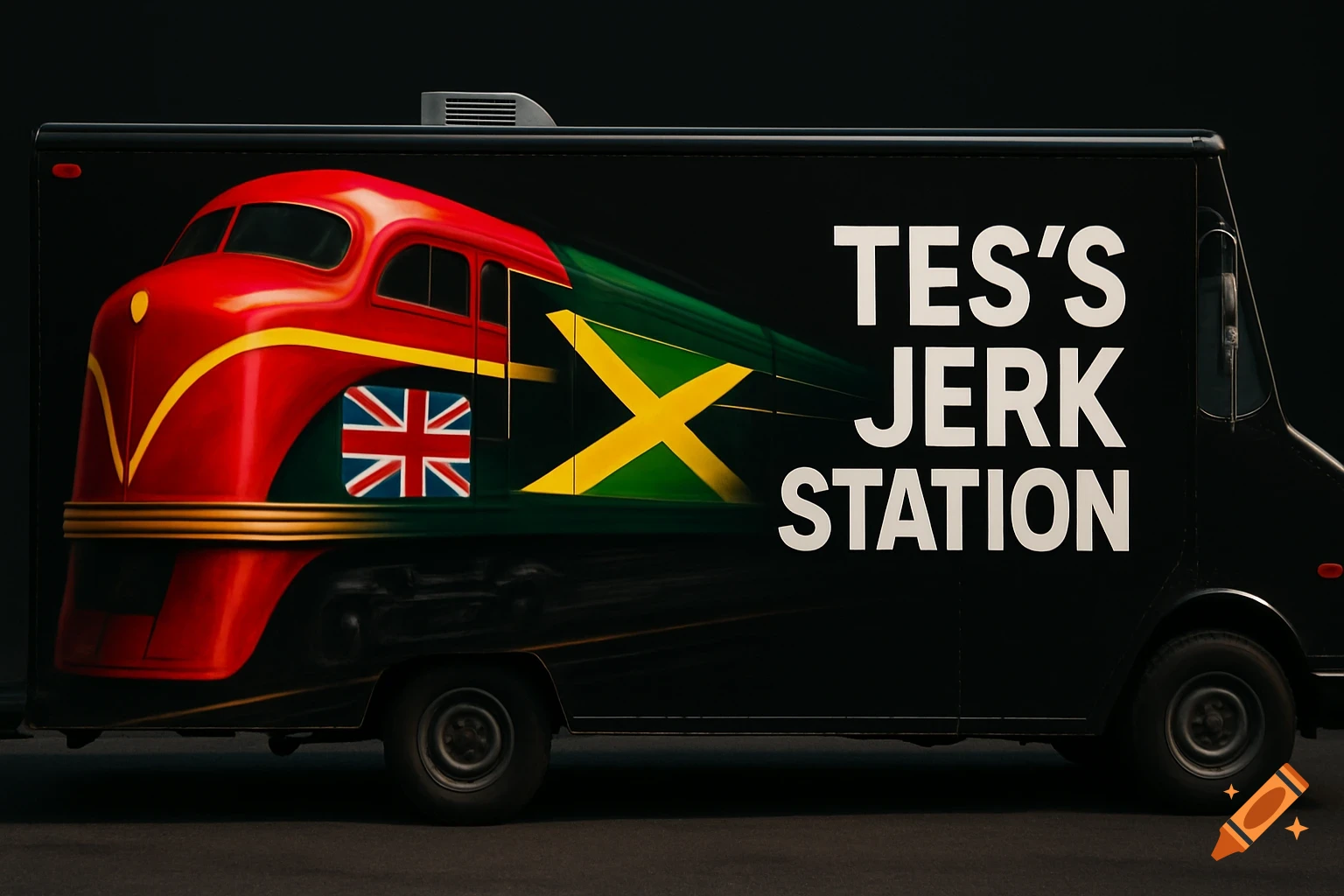 Photorealistic side view of a black food truck with a vibrant train graphic featuring Union Jack and Jamaican flags, and 'TES'S JERK STATION' text.