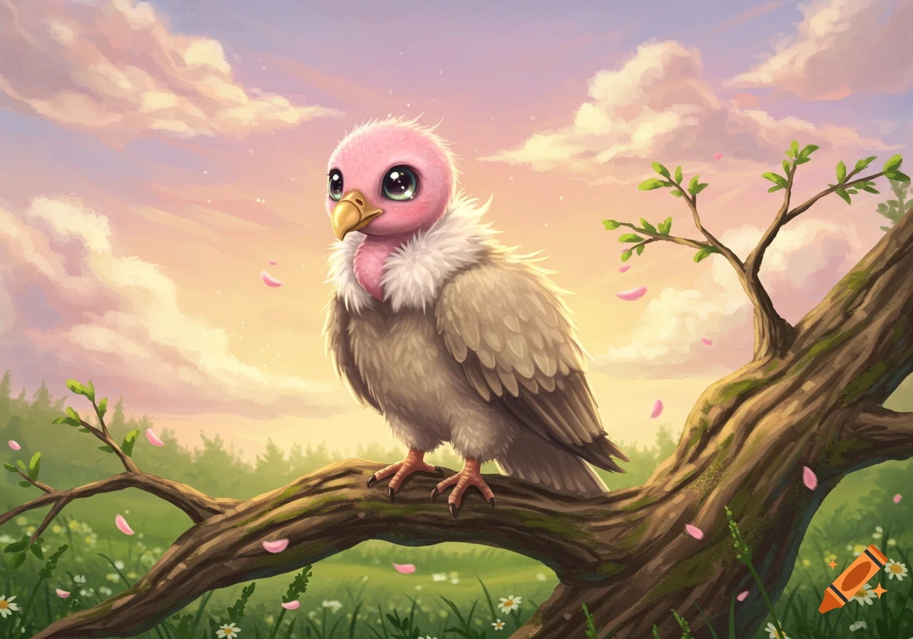 A cute, stylized vulture with big eyes sits on a mossy tree branch at sunset, surrounded by pink petals and wildflowers.