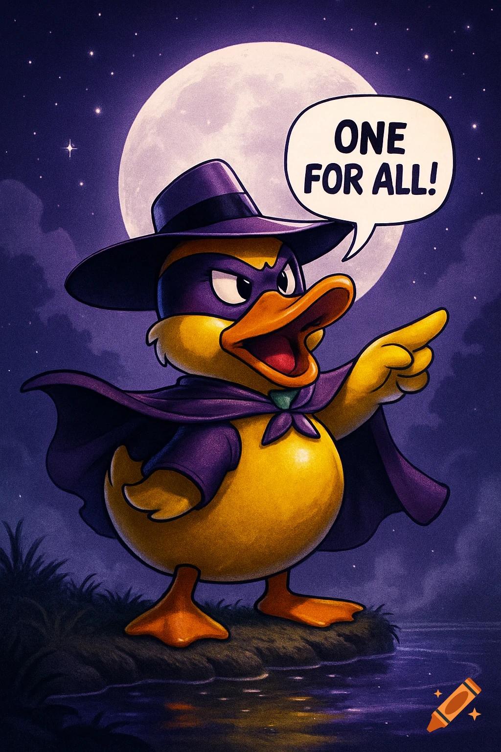 A cartoon superhero duck, resembling Darkwing Duck, points forward under a full moon, saying 'ONE FOR ALL!'.