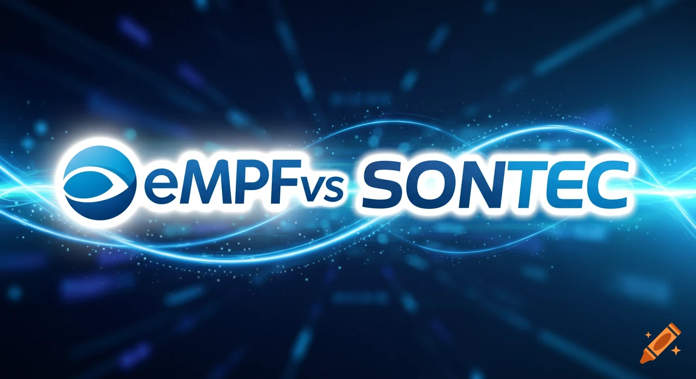 Glowing white text 'eMPF vs SONTEC' with the blue eMPF logo on a futuristic blue background.
