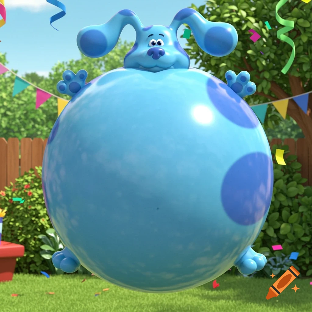Blue from Blue's Clues inflated like a giant balloon, floating in a party-decorated backyard.