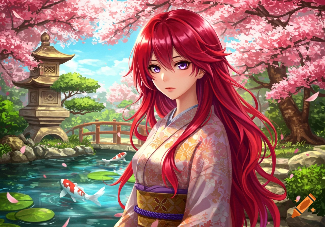 An anime girl with red hair and purple eyes in a kimono stands in a cherry blossom-filled Japanese garden with a koi pond.