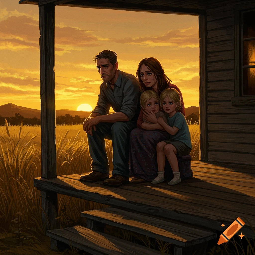Digital painting of a sad family sitting on a porch at sunset, overlooking a field.