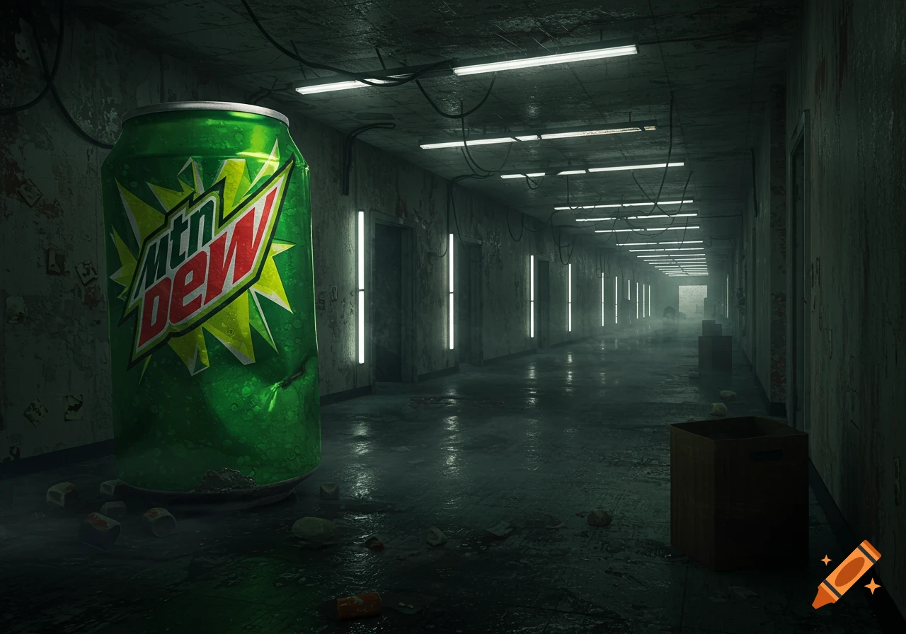 A giant, dented Mountain Dew can stands in a long, dark, and foggy backrooms-style hallway with fluorescent lights.