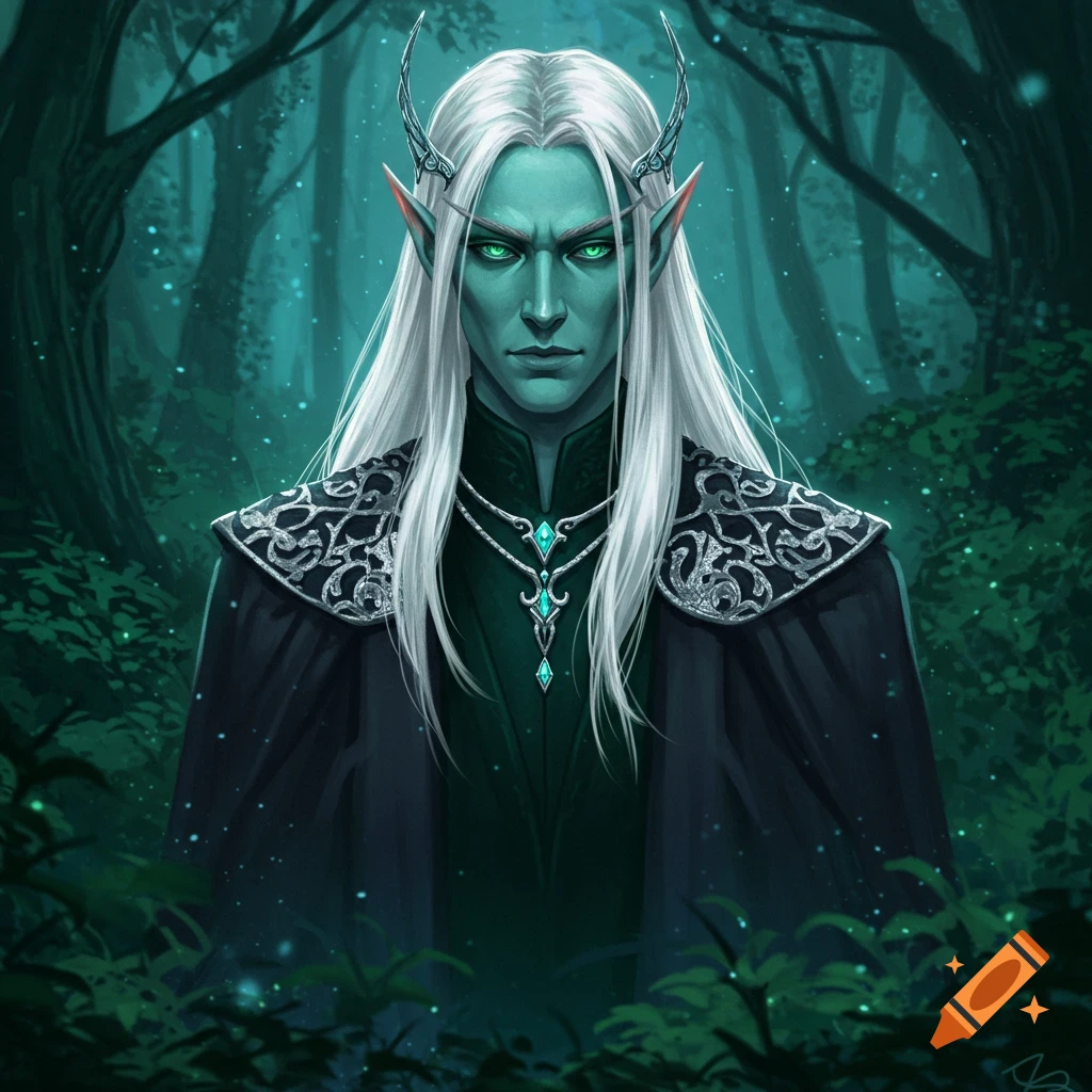 A teal-skinned elven king with long white hair, green eyes, and small horns, wearing a black cloak with silver brocade in a dark forest.