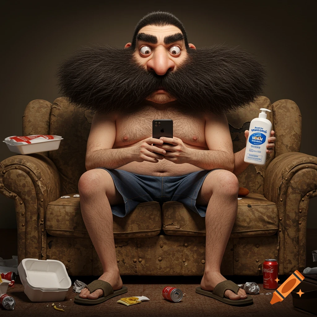 A photorealistic, humorous portrait of a man with an exaggerated giant unibrow and mustache, shirtless in shorts and flip-flops, sitting on a dirty couch while looking at his phone and holding a lotion bottle.