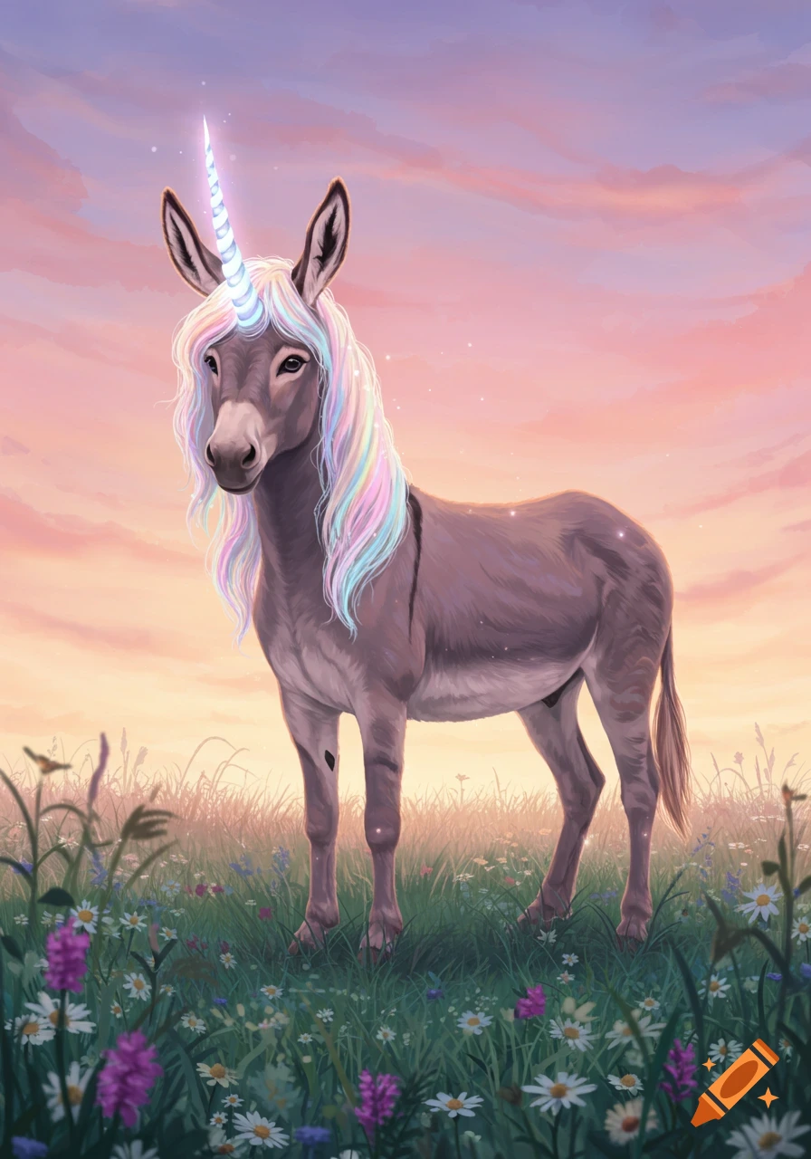 An illustration of a donkey with a unicorn horn and rainbow mane standing in a wildflower field at sunset.
