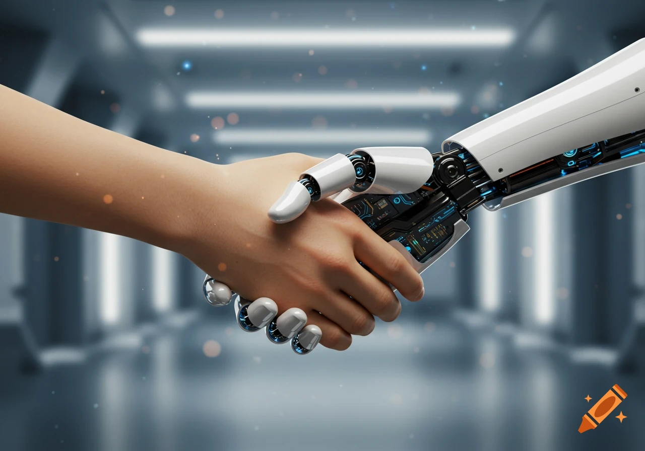 A human hand shakes a robotic hand against a blurry futuristic background.