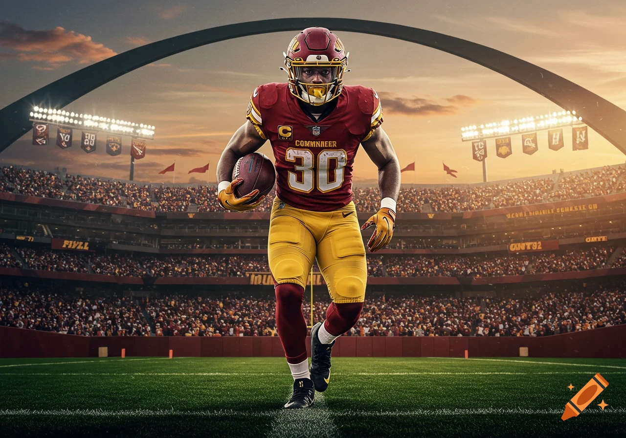 Photorealistic image of an American football player in a red and yellow uniform holding a football on a stadium field at sunset.