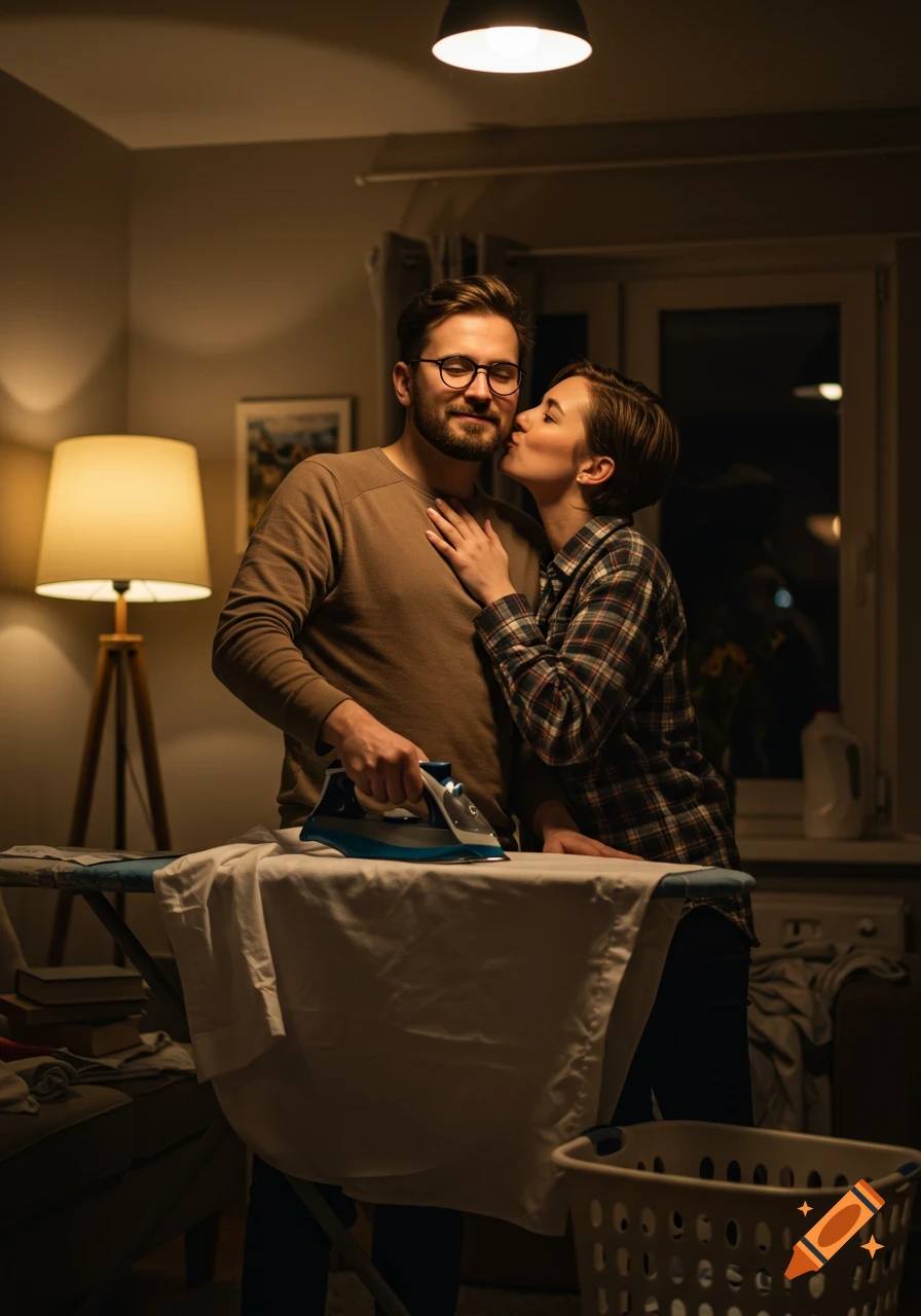 Man with glasses ironing clothes at night, kissed on the cheek by a woman with short hair.