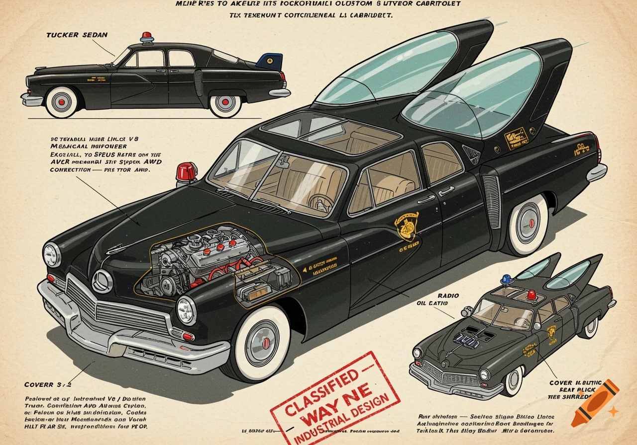Detailed vintage-style technical diagram of a black custom six-wheeled car, part Tucker Sedan, part Lincoln Continental, with jet canopies.