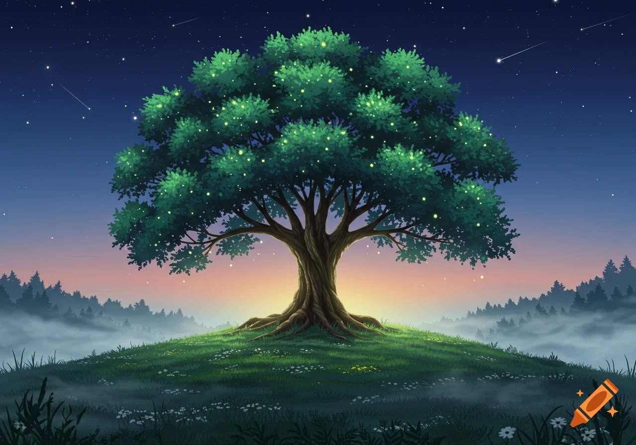 A vibrant fantasy landscape at twilight featuring a large tree with glowing leaves on a grassy hill, under a starry sky with shooting stars.