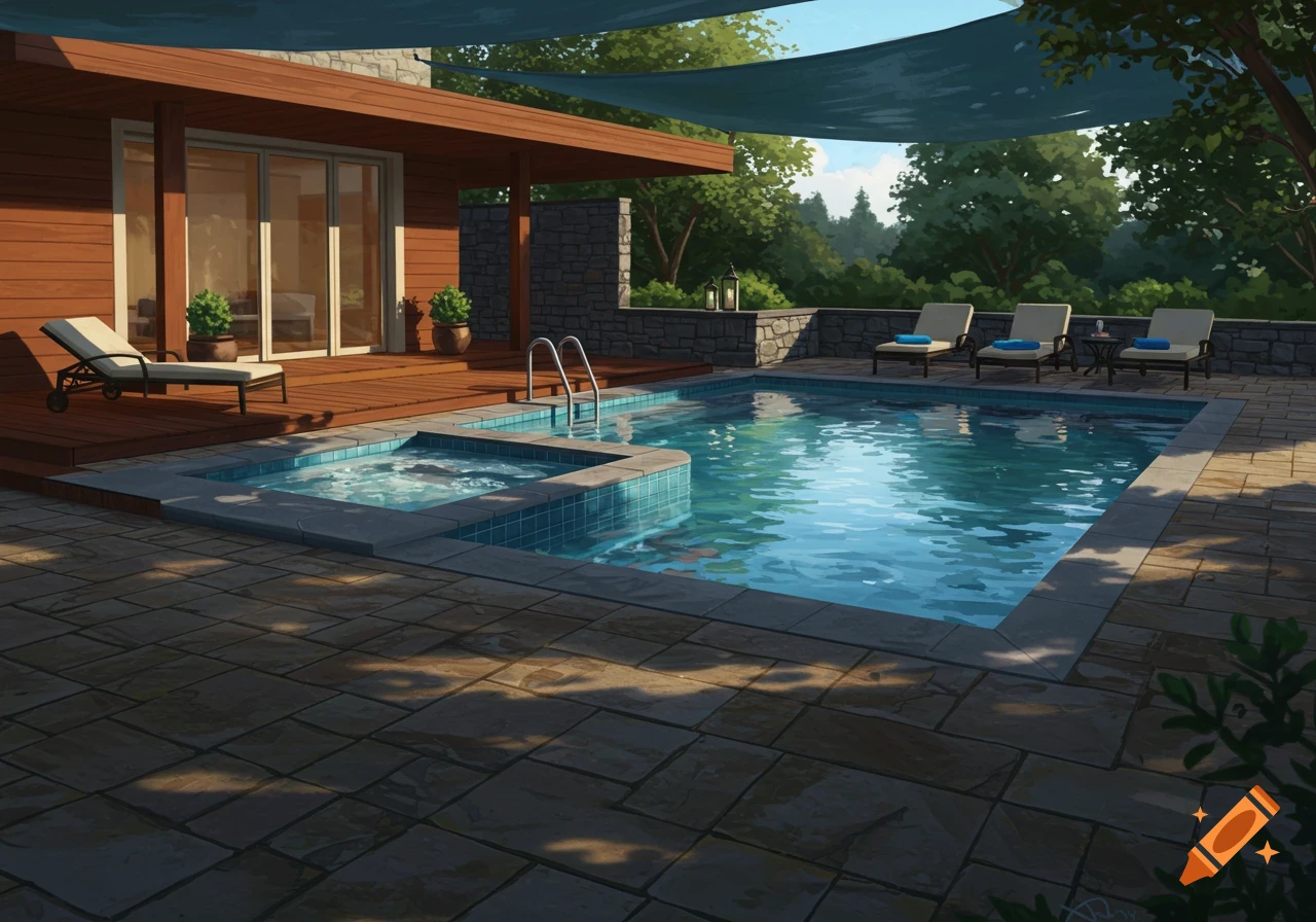 A high-angle view of a luxurious outdoor patio area featuring a large swimming pool, an attached hot tub, and a modern house with a wooden facade.