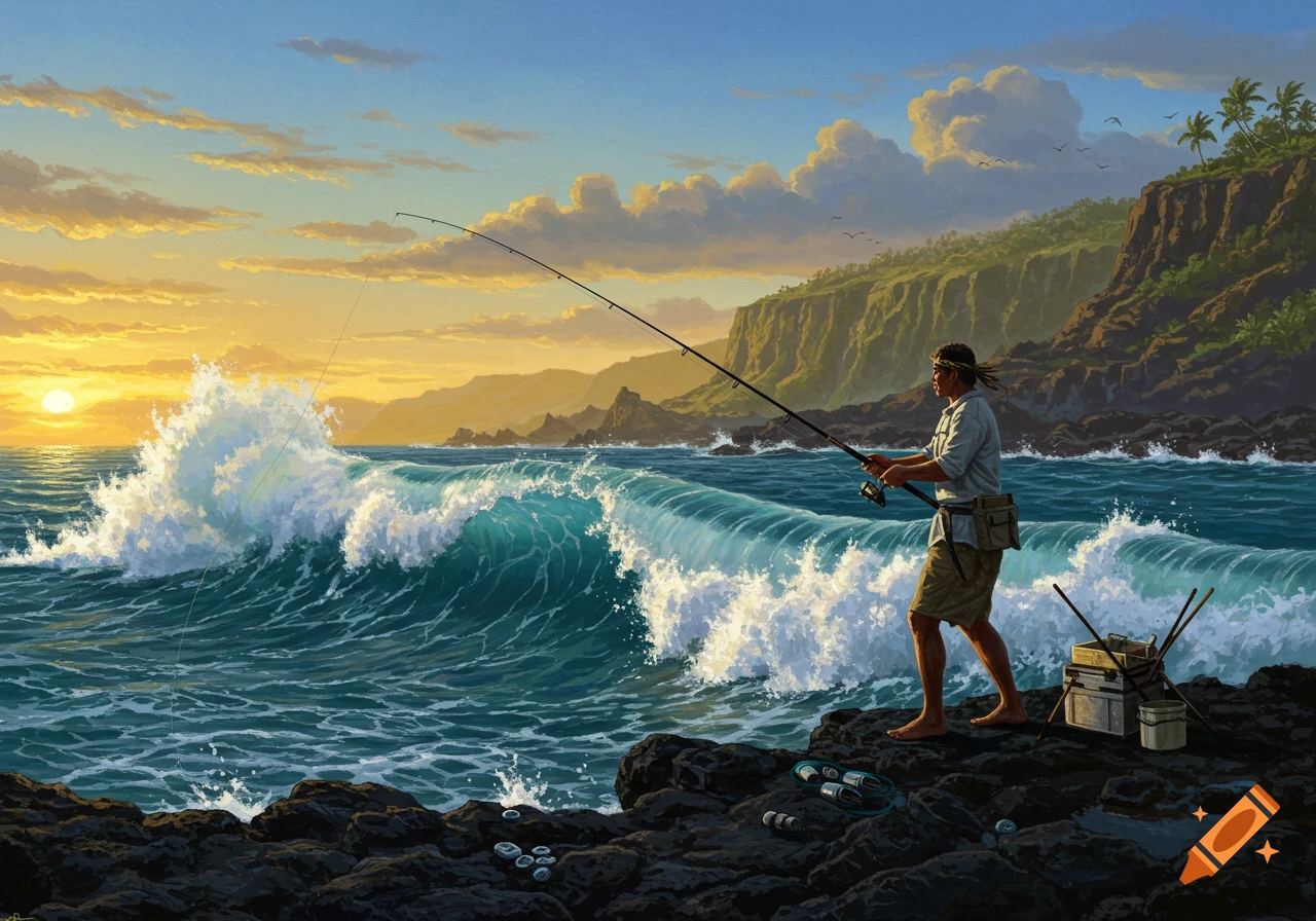 Painting of a man fishing from a rocky shore as large waves crash at sunset.