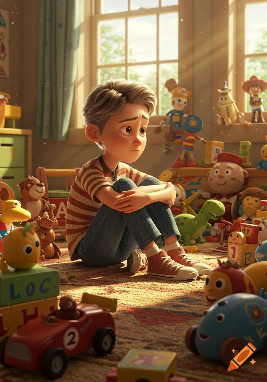 A sad cartoon boy in Pixar style sits on a carpet surrounded by toys in a sunlit room.
