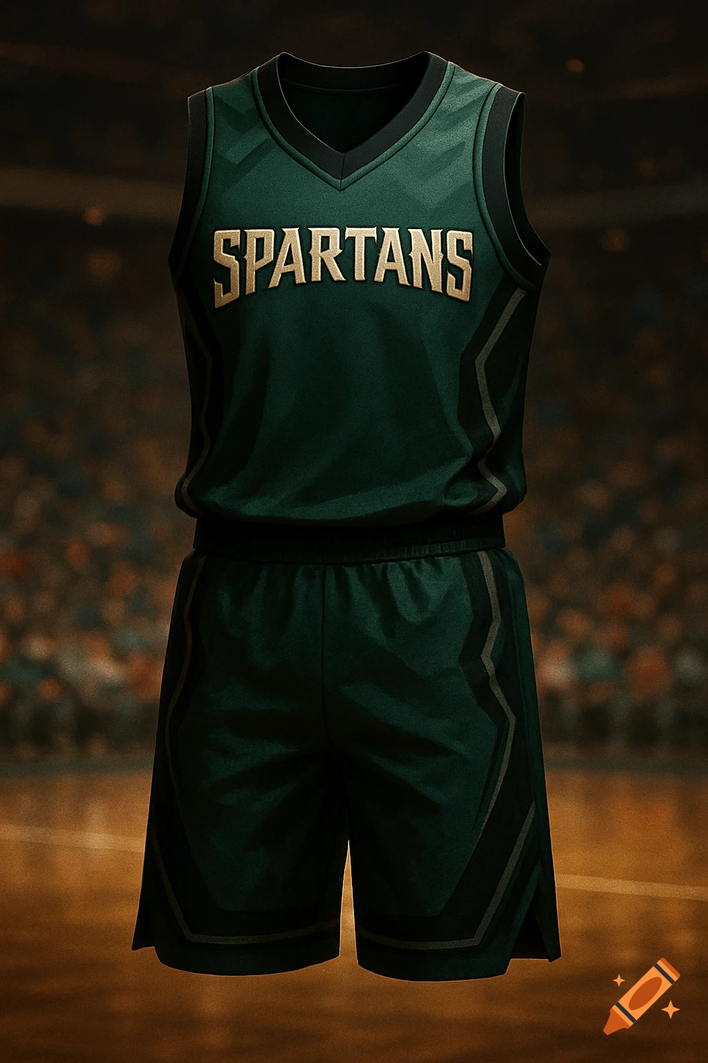 A dark green and black basketball uniform with 'SPARTANS' written in gold on the jersey, set against a blurred basketball court background.
