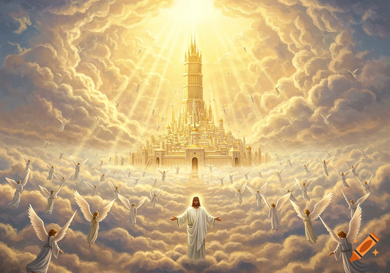 Jesus stands among countless angels in golden clouds, with a shining golden city under a bright sky, digital painting.