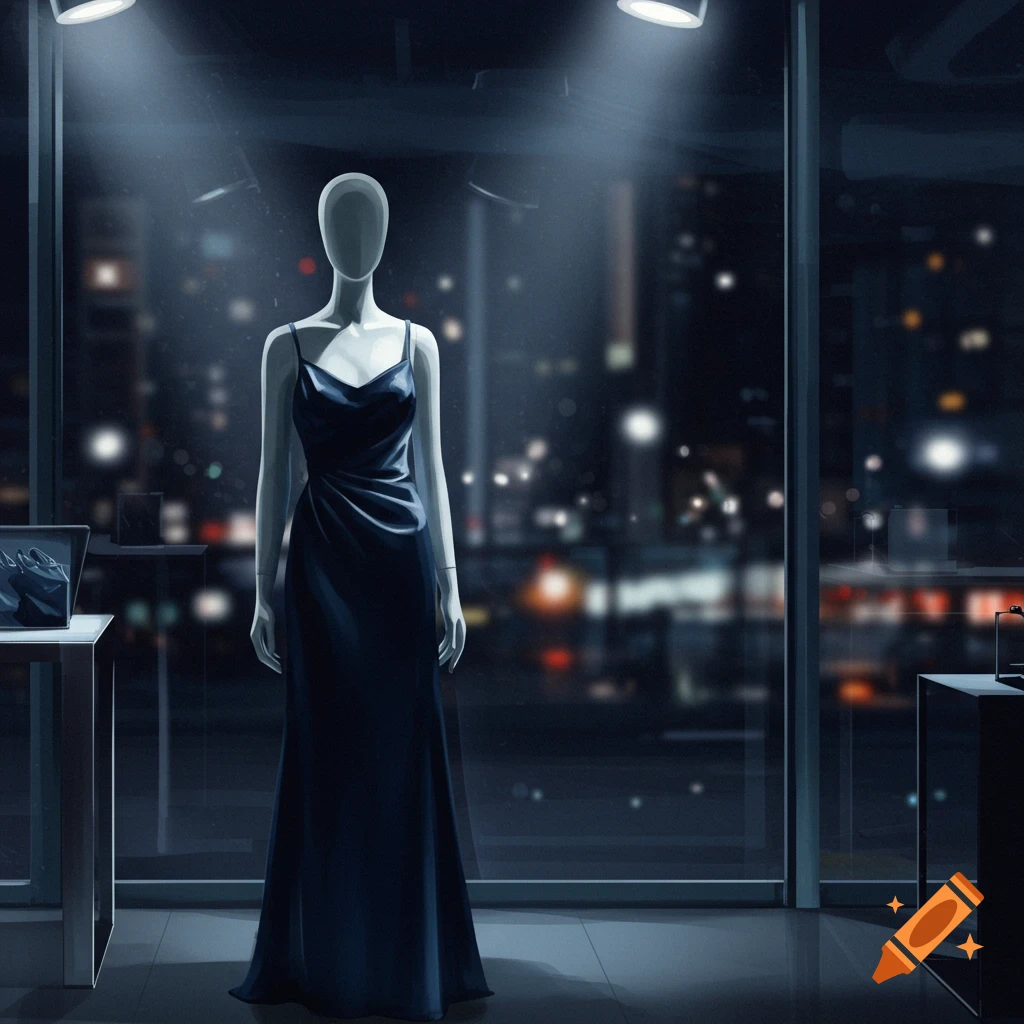 A mannequin in a long dark dress stands in a store window at night, with city lights blurred in the background.