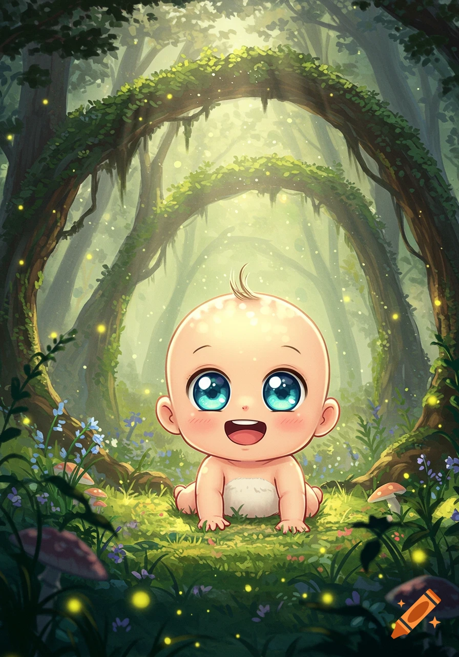 A cute chibi baby crawls on green moss in a glowing magical forest, cartoon illustration.