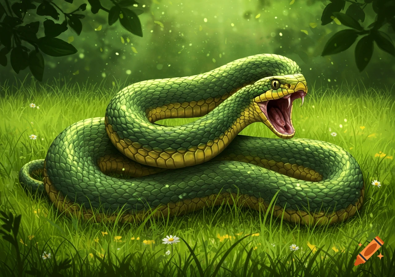 A vibrant green and yellow snake with its mouth open, coiled in lush green grass under a leafy canopy, in an illustrative style.