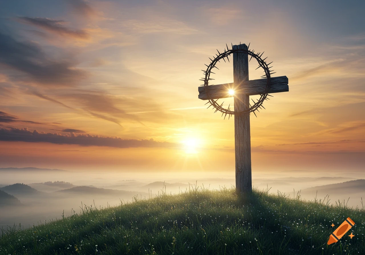 A rugged wooden cross with a crown of thorns stands on a grassy hill overlooking a misty valley, bathed in the light of a bright sunrise.