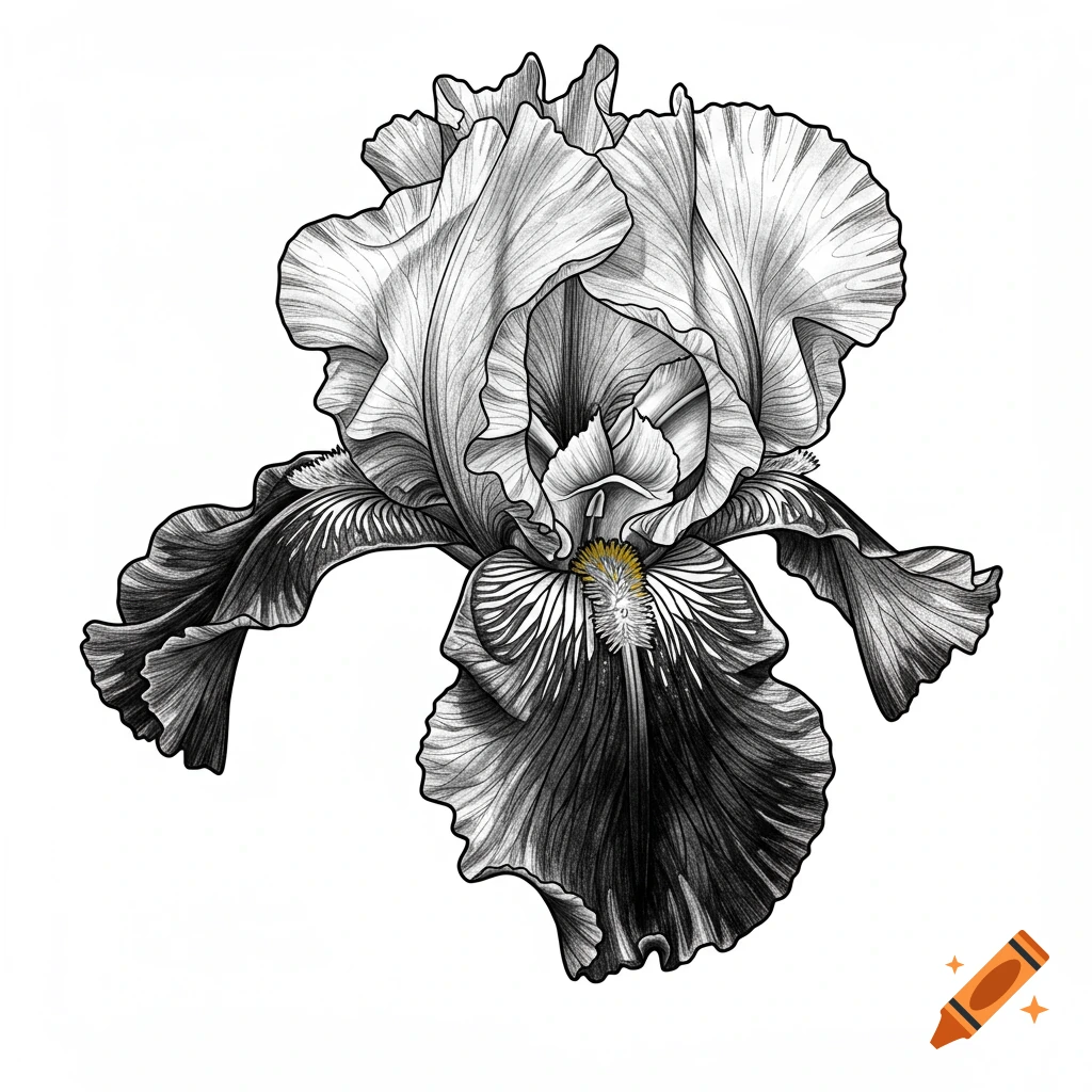 A detailed black and white illustration of an iris flower in a tattoo style, with subtle yellow accents in the center.