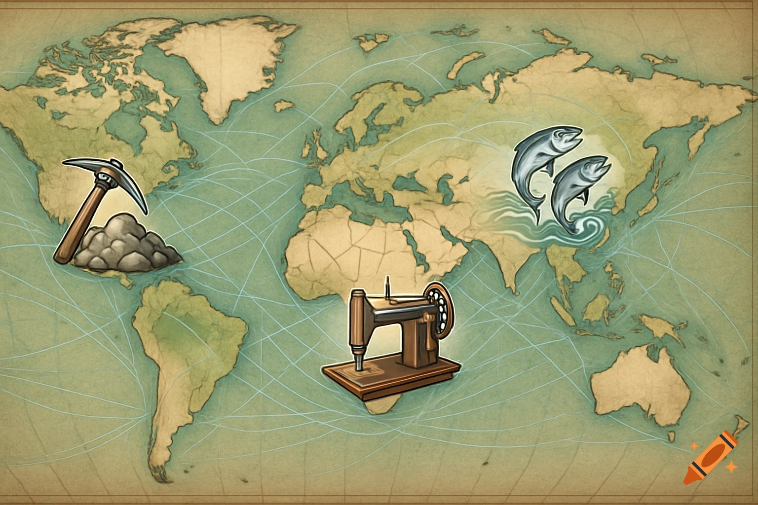 Vintage world map illustrating global industries with a pickaxe, sewing machine, and fish connected by supply lines.