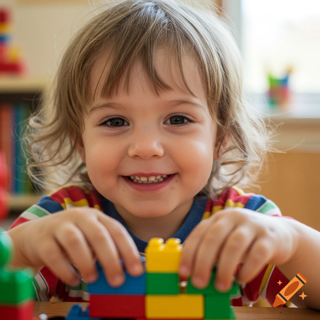 A smiling child with blonde hair plays with colorful building blocks.