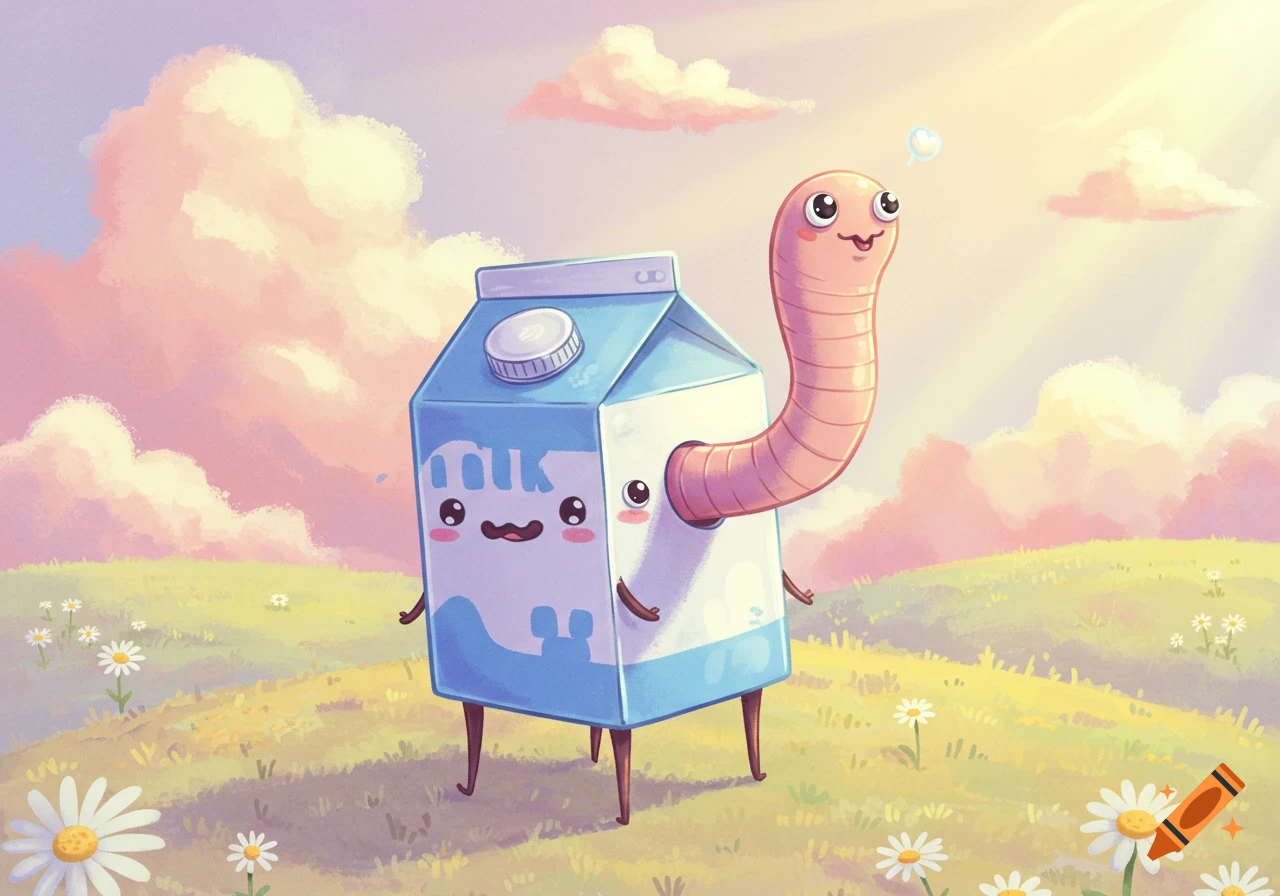 A cute cartoon milk carton with a worm emerging, standing in a daisy field under a pastel sky.