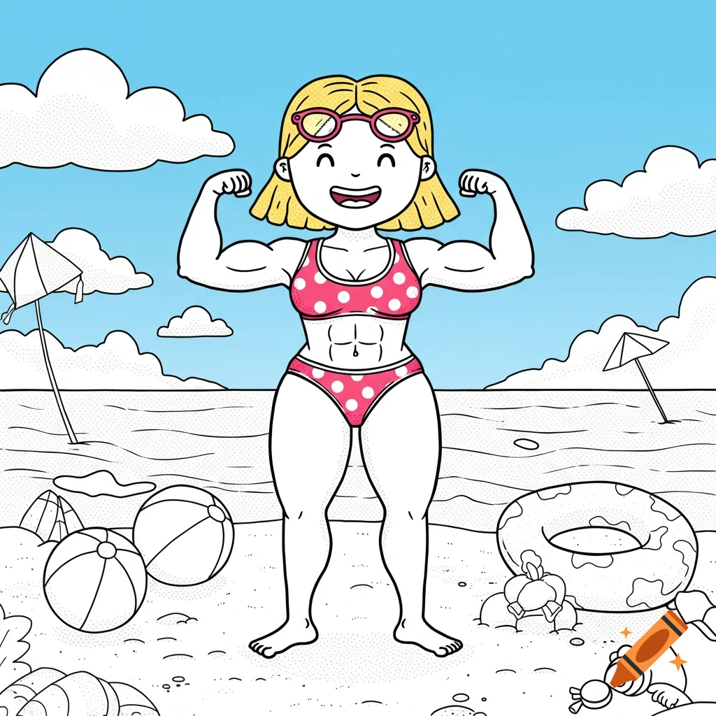 A cartoon woman in a pink polka dot bikini flexing her muscles at a beach, in a coloring book style.