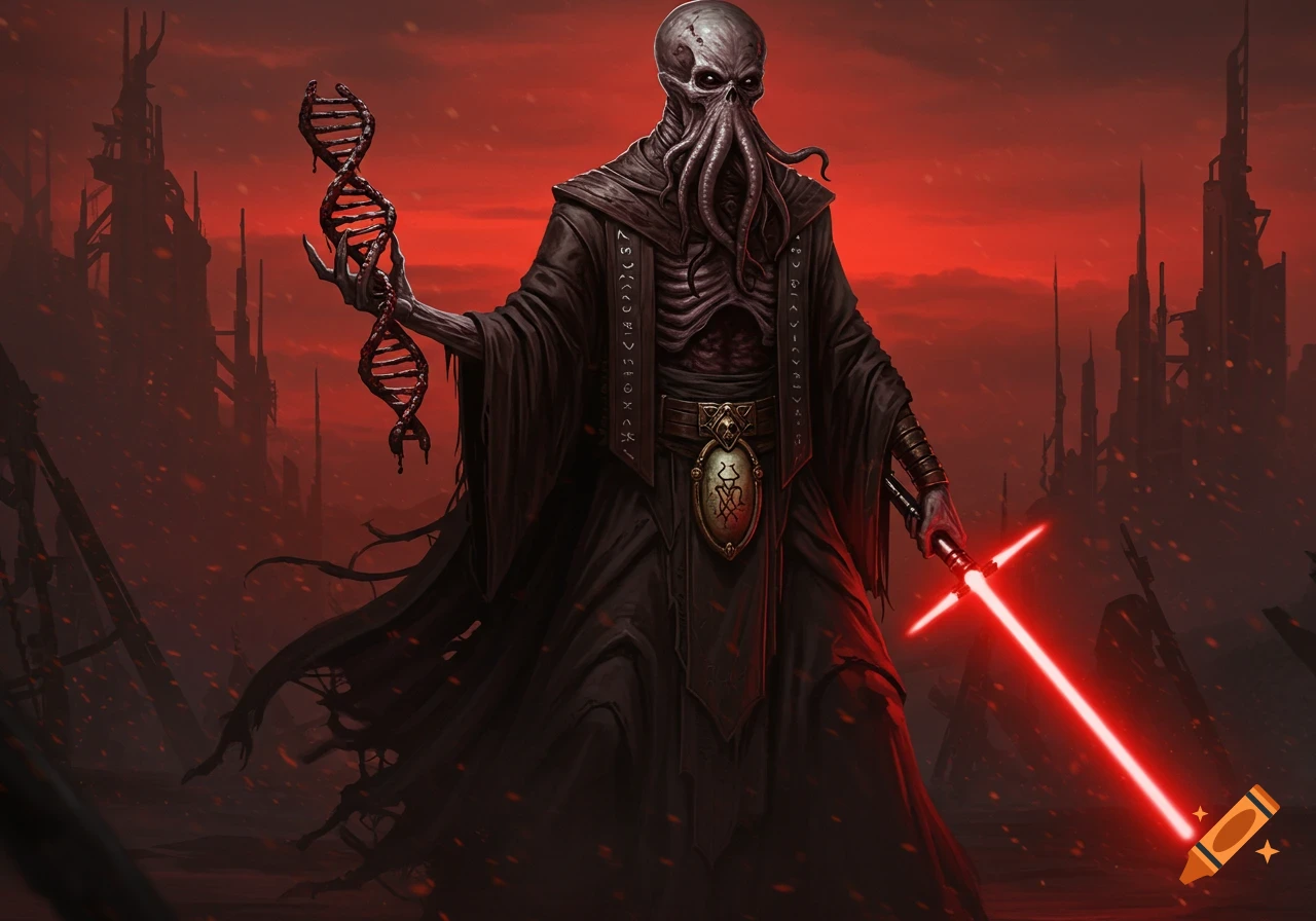 A monstrous, Cthulhu-like Sith Lord with exposed ribs, holding a bloody DNA helix and a red lightsaber, stands in a desolate, ruined landscape under a red sky.