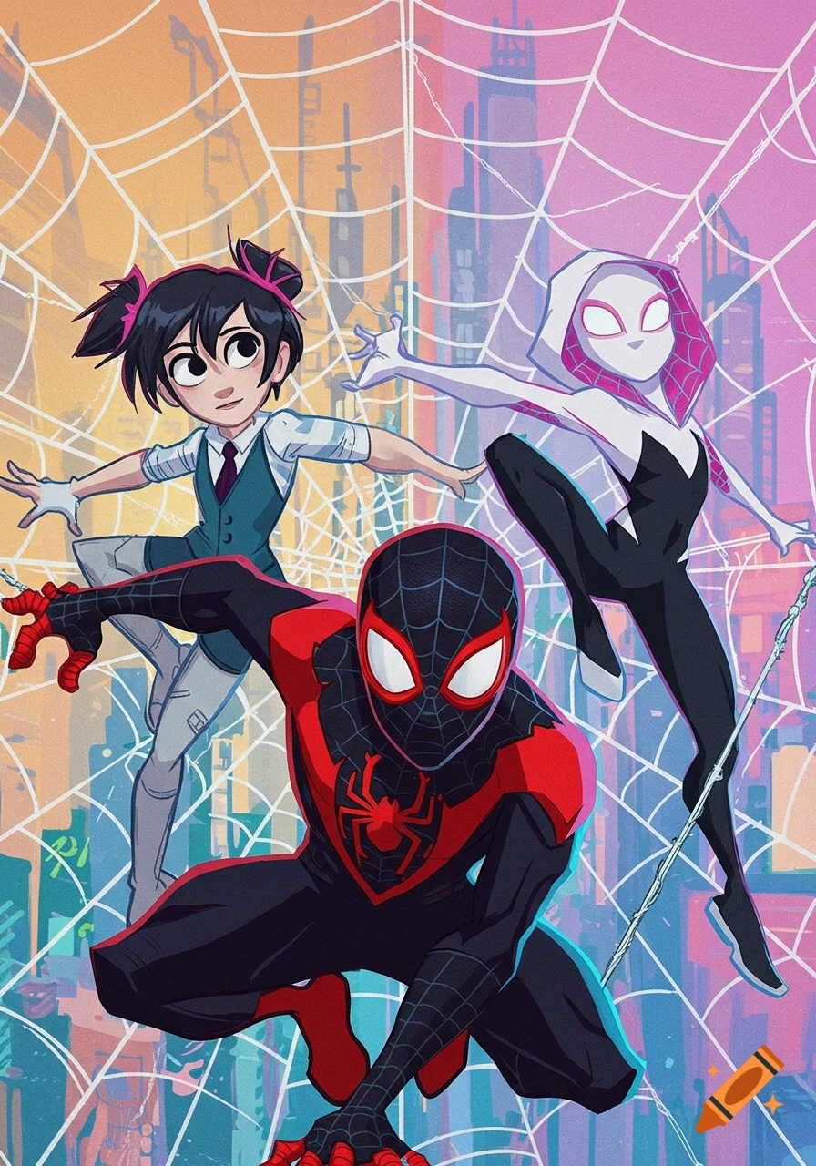 Miles Morales, Peni Parker, and Spider-Gwen pose dynamically against a stylized city backdrop with spiderwebs in an animated comic art style.
