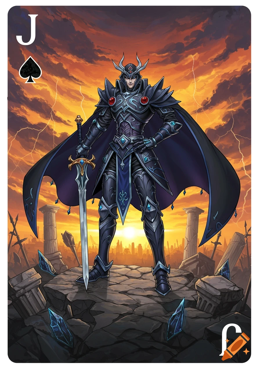 A fantasy knight in dark armor with a sword on rocky ruins under a stormy orange sky, depicted as a Jack of Spades playing card.