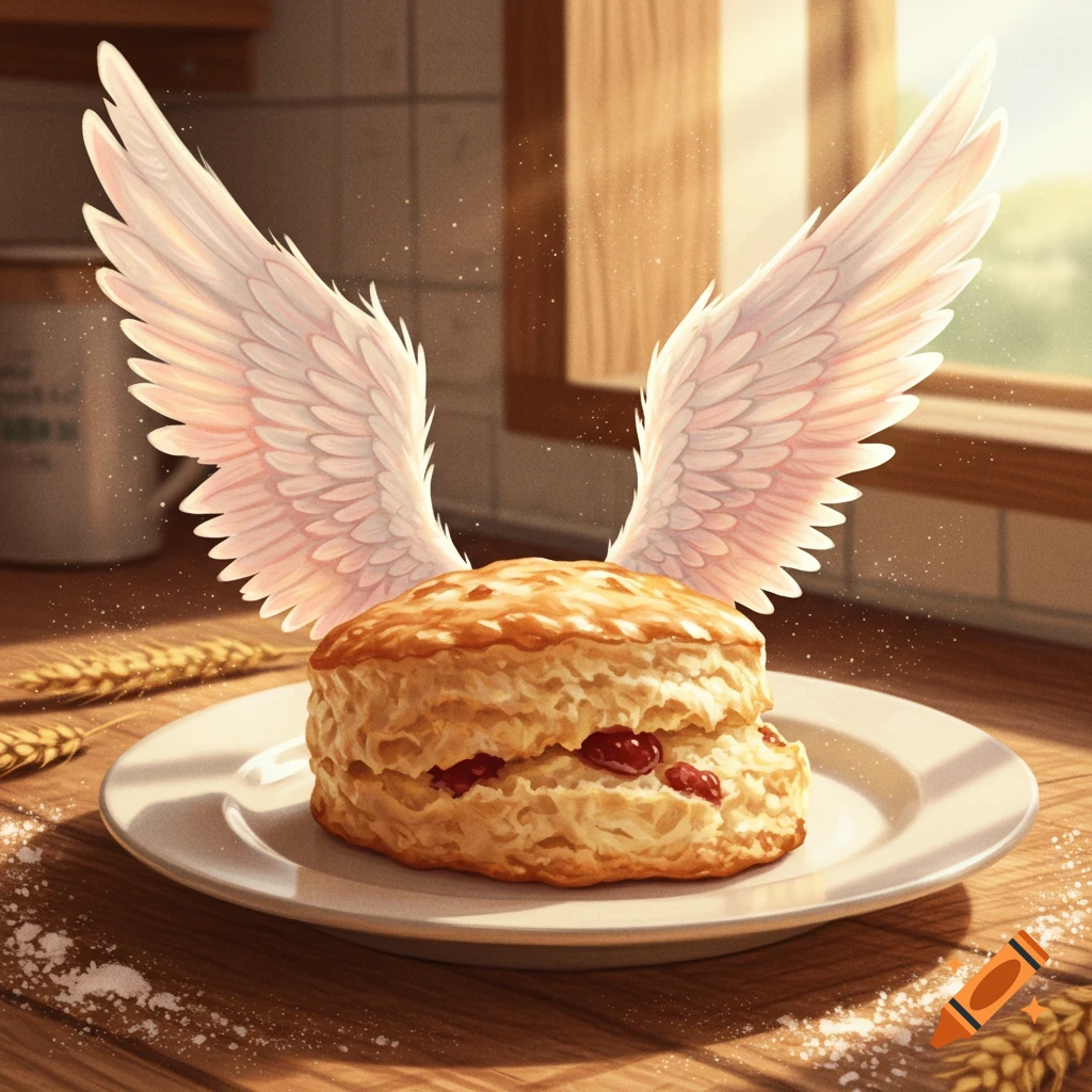 A scone with pink-tinged white angel wings on a white plate on a wooden kitchen counter, with sunlight streaming through a window.