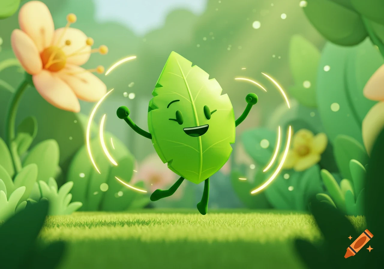 A happy cartoon green leaf character with glowing arcs in a vibrant whimsical garden with blurred flowers and green grass.