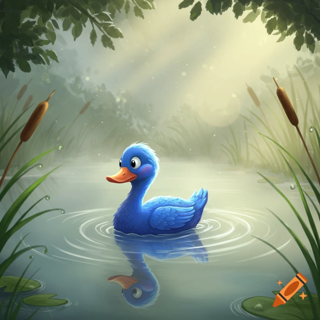 A cartoon blue duck with an orange beak floats on a pond, surrounded by green reeds and trees, with sunlight shining through.