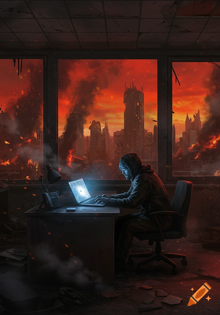 A person in a hoodie sits at a desk, typing on a glowing, shattered laptop, looking out at a city engulfed in a fiery, smoke-filled apocalypse under a red sky. Digital art.